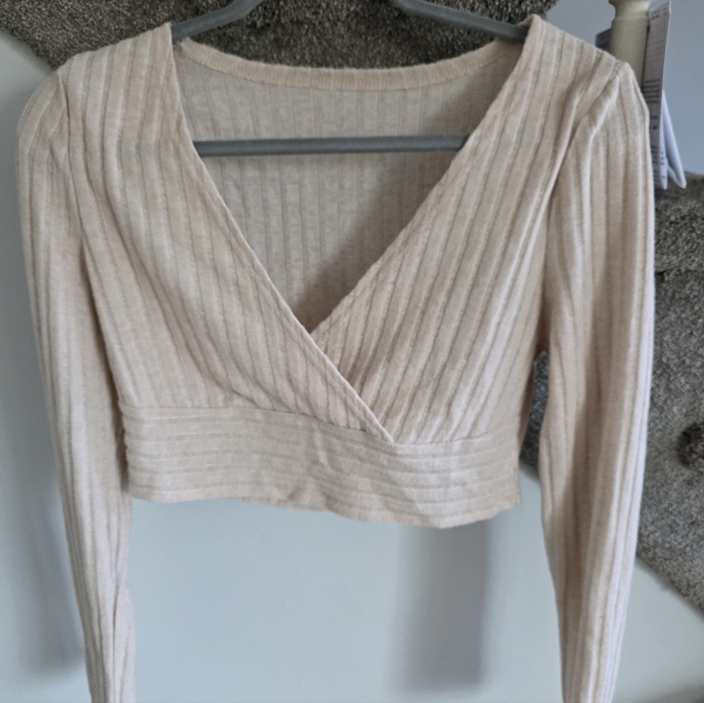 Beige Ribbed Surplice Long Sleeve Crop Top